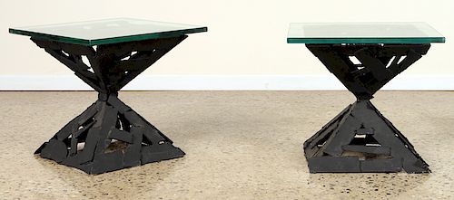 PAIR BRUTALIST STYLE IRON AND GLASS