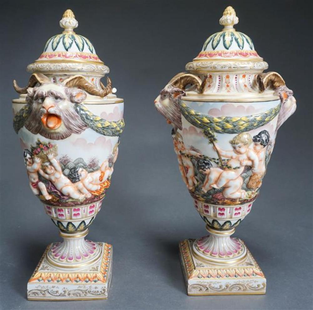 PAIR CAPODIMONTE STYLE COVERED URNS