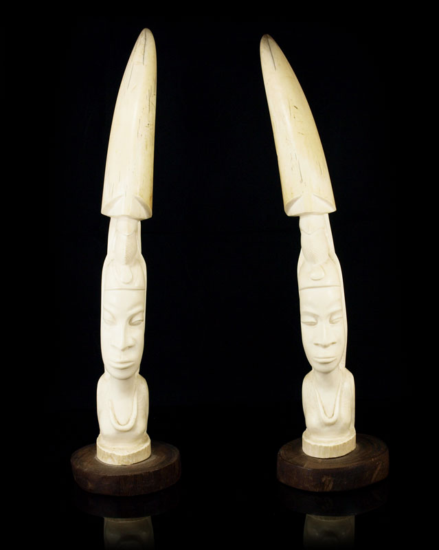 PAIR CARVED AFRICAN IVORY TUSKS: