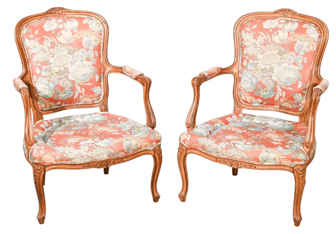 PAIR CARVED CUSTOM UPHOLSTERED