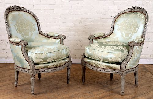 PAIR CARVED FRENCH BERGERE CHAIRS