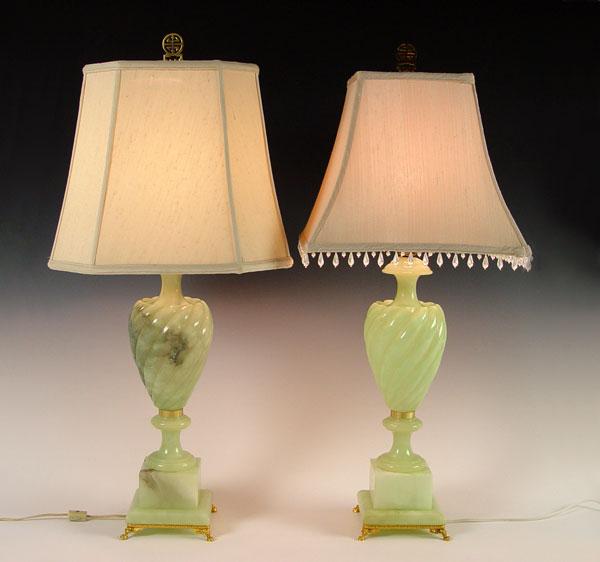 PAIR CARVED GREEN ALABASTER TABLE