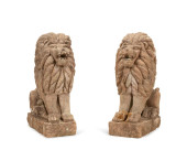 PAIR CARVED LIMESTONE LION GAR