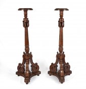 PAIR CARVED MAHOGANY FERN STAN