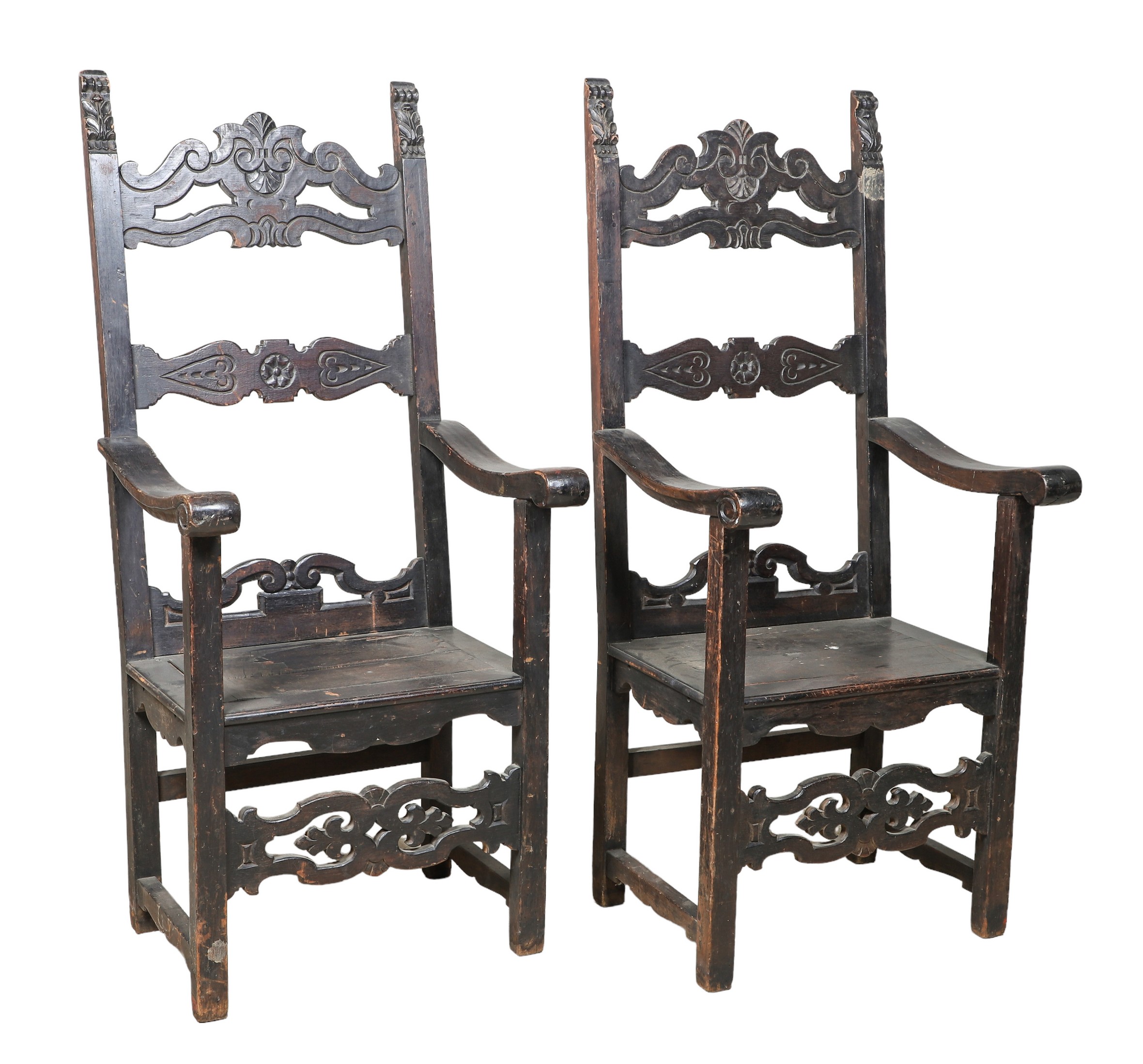 Pair carved oak throne chairs,