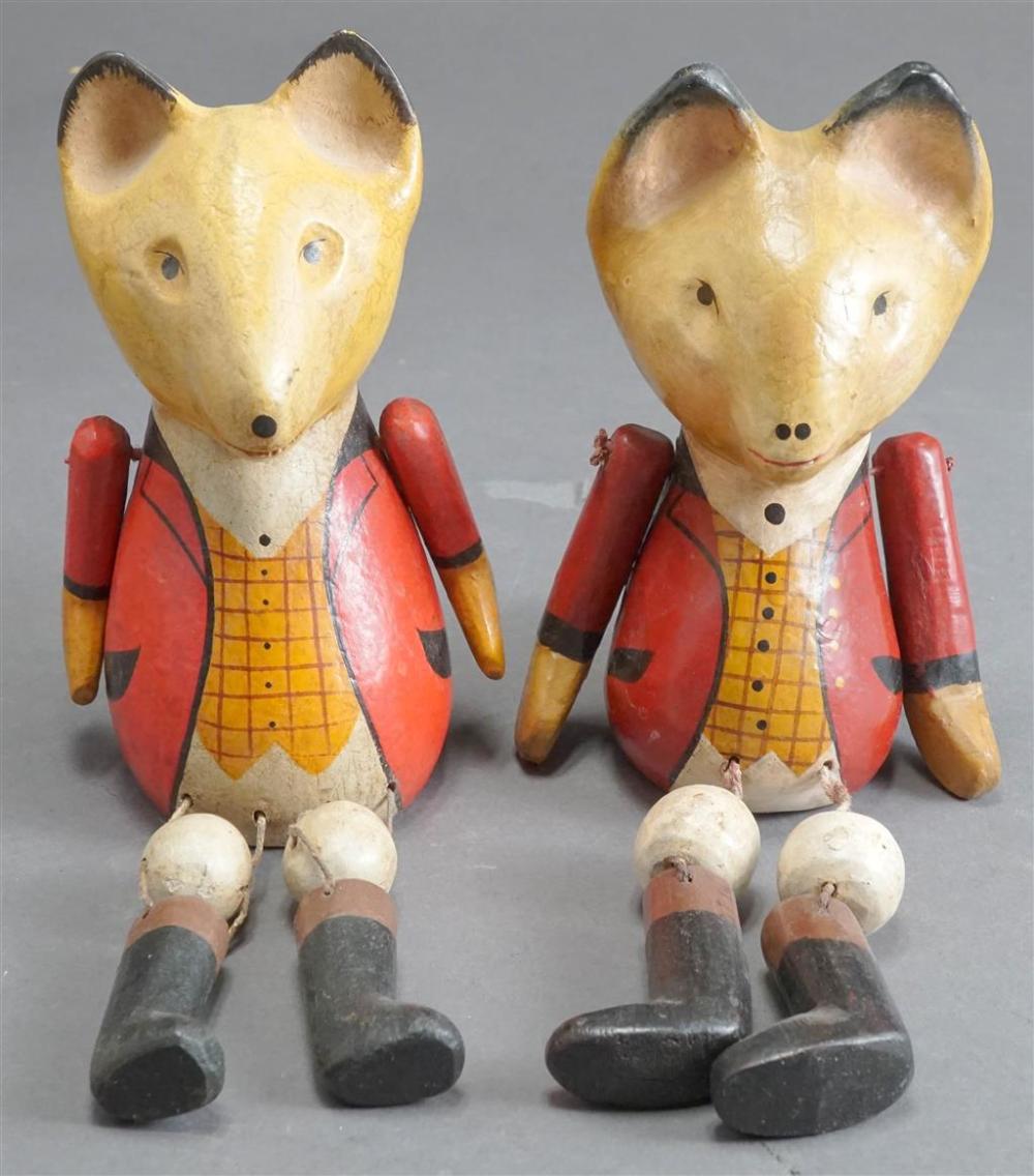 PAIR CARVED PAINTED WOOD SEATED FOX