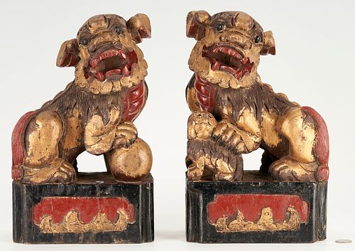 PAIR CARVED PARCEL GILT CHINESE FOO