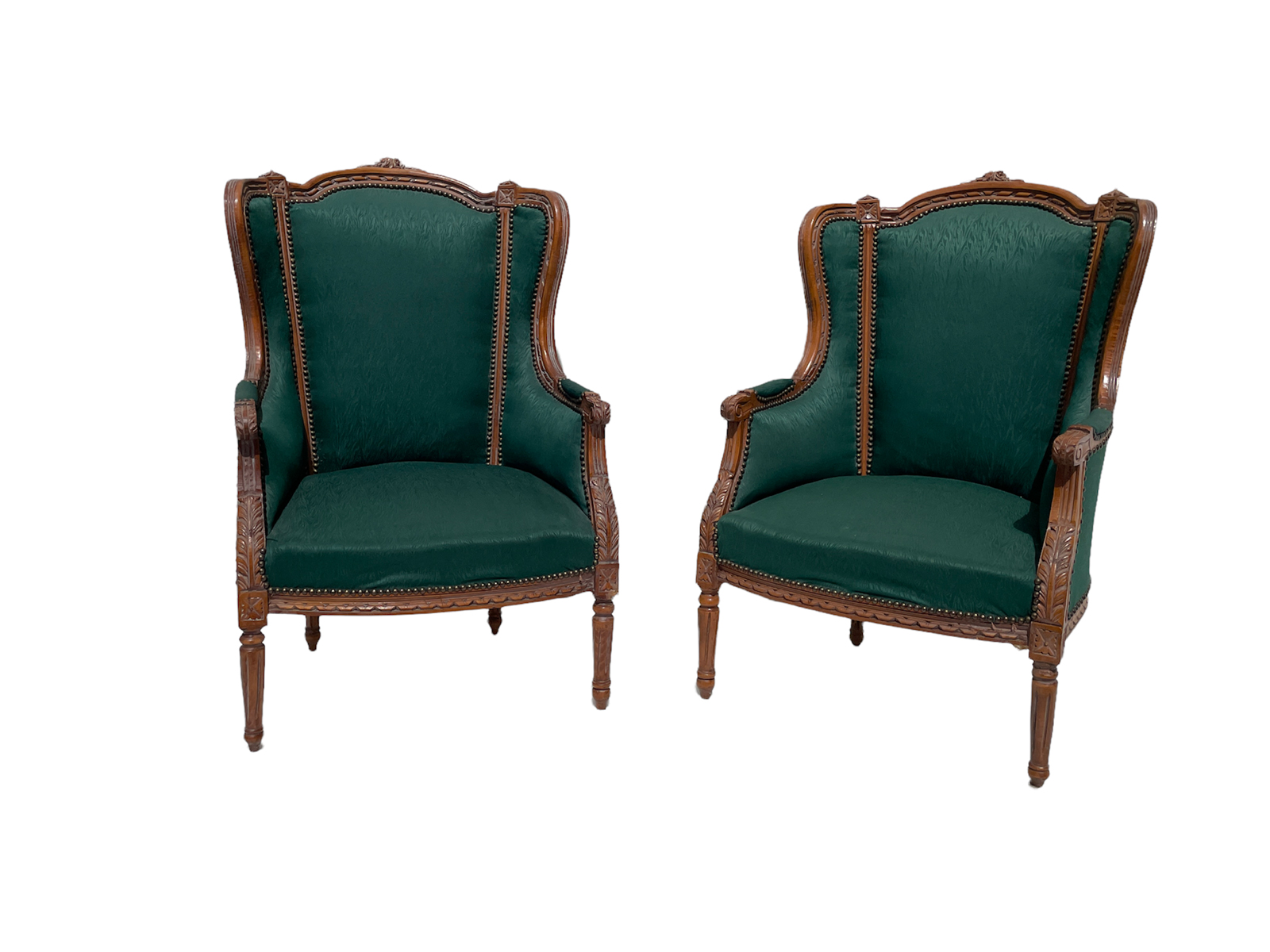 PAIR CARVED WING BACK CHAIRS: