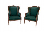 PAIR CARVED WING BACK CHAIRS: