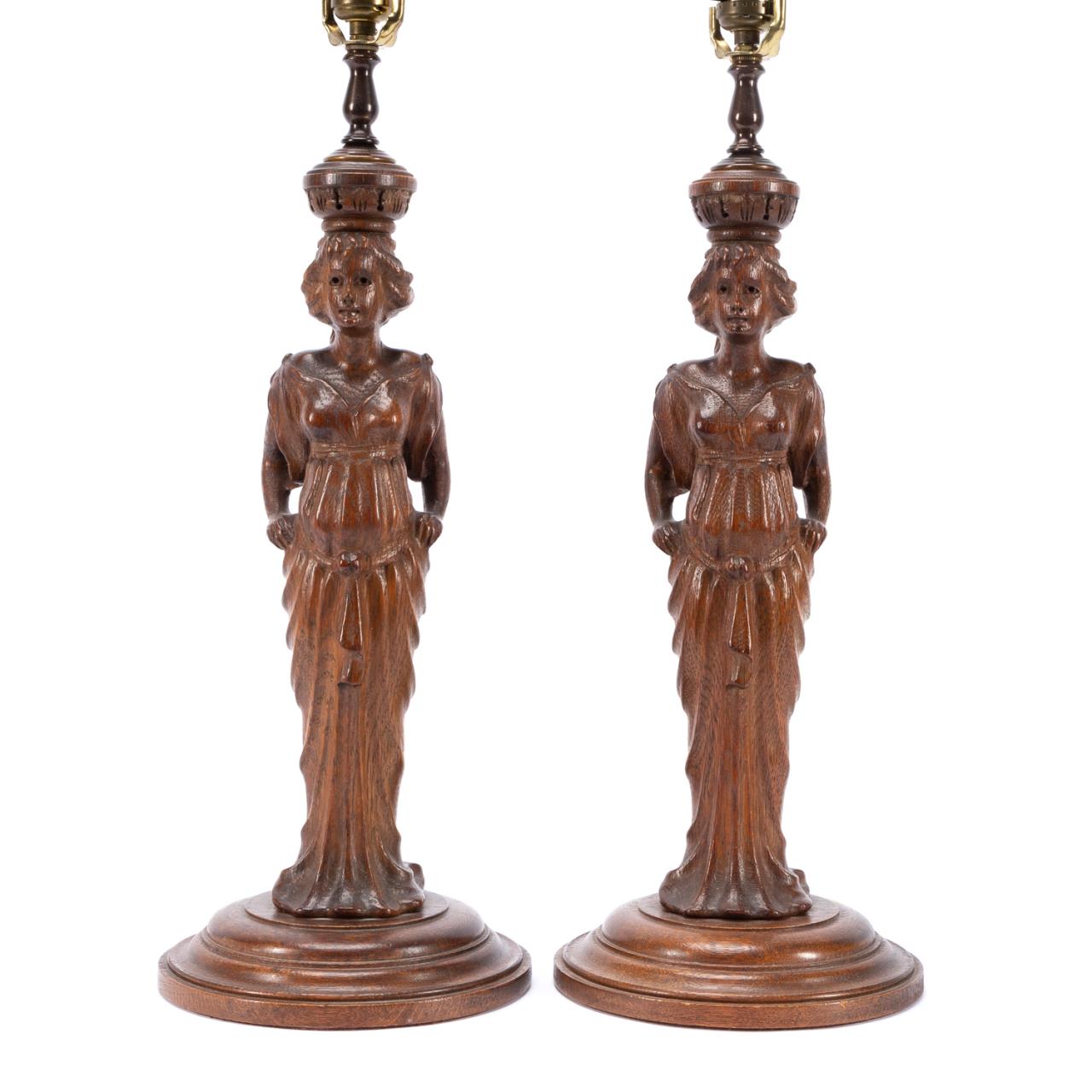 PAIR CARVED WOOD CARYATID FIGURAL