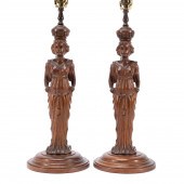 PAIR CARVED WOOD CARYATID FIGU