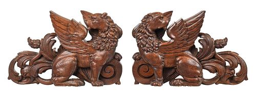 PAIR CARVED WOOD GRIFFIN