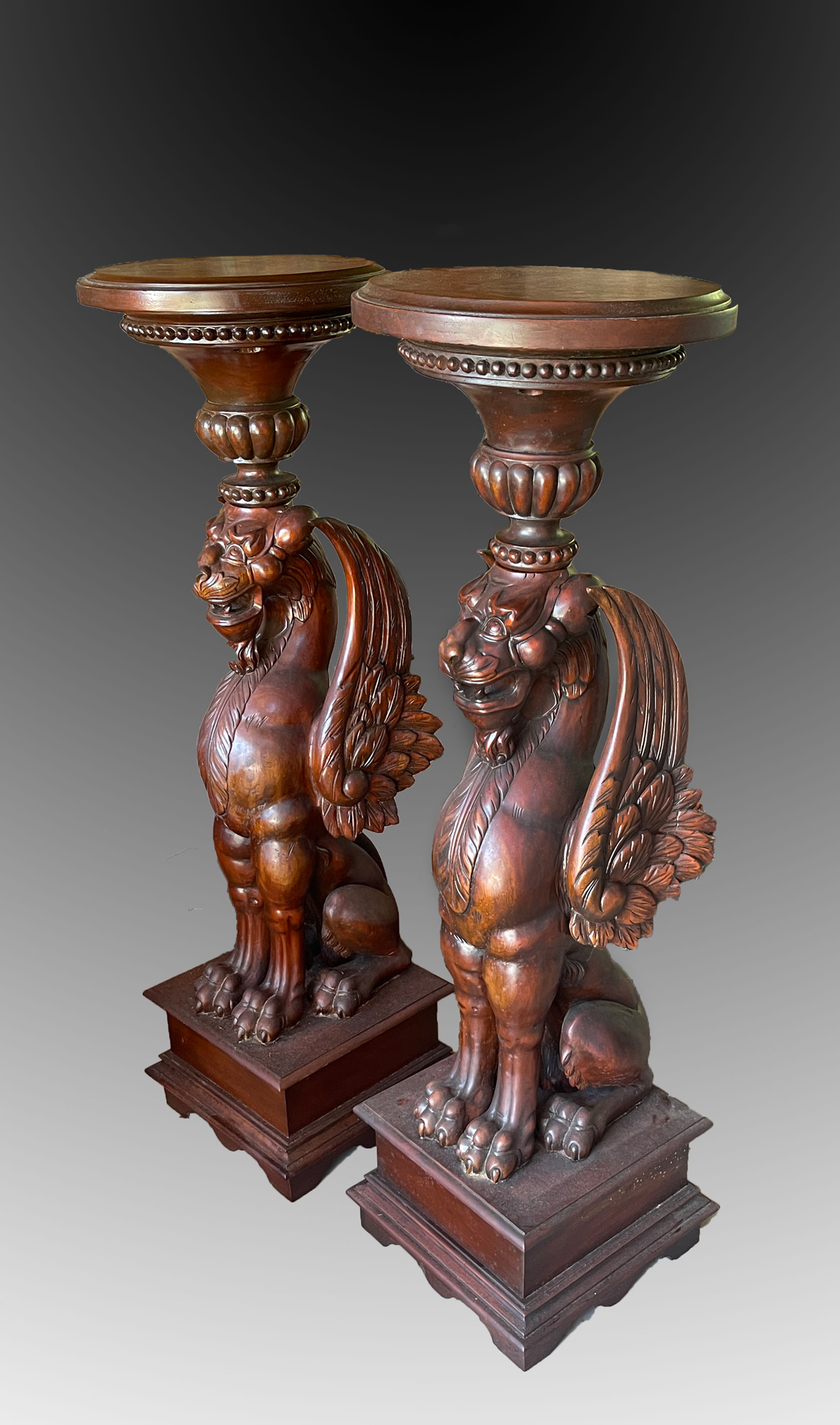 PAIR CARVED WOODEN GRIFFIN PEDESTAL