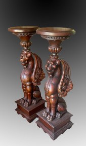 PAIR CARVED WOODEN GRIFFIN PED