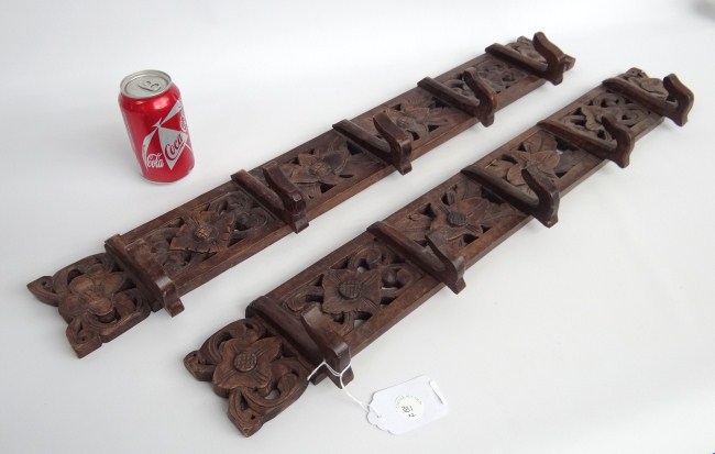 Pair carved wooden hook racks. 32''