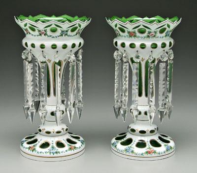 Pair cased glass lusters: white cut
