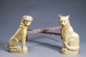 PAIR CAST BRASS 'DOG AND CAT'