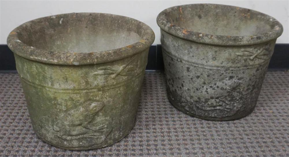 PAIR CAST CEMENT GARDEN URNS, H: