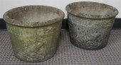 PAIR CAST CEMENT GARDEN URNS,