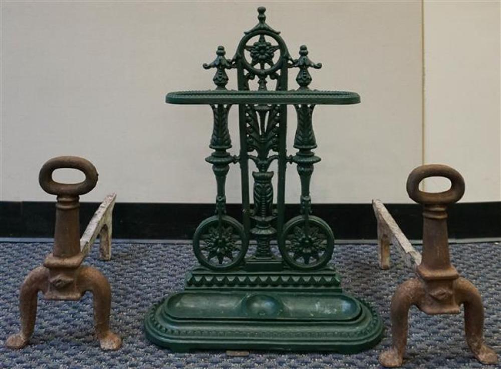 PAIR CAST IRON ANDIRONS AND GREEN