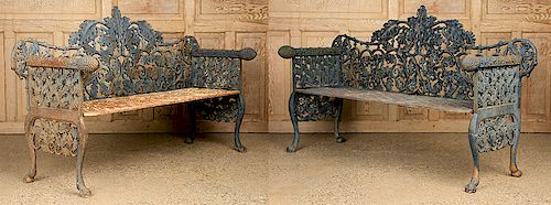 PAIR CAST IRON BENCHES OAK PINE