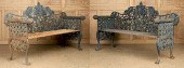 PAIR CAST IRON BENCHES OAK PIN