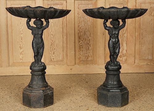 PAIR CAST IRON BIRD BATHS CHERUB