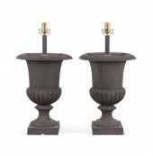 PAIR CAST IRON GARDEN URNS MOU