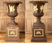 PAIR CAST IRON GARDEN URNS PED