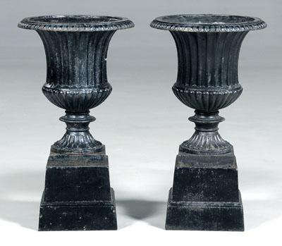 Pair cast iron garden urns: each of