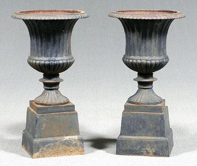 Pair cast iron garden urns: in