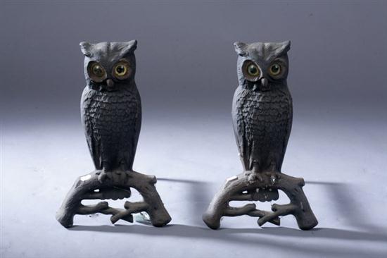 PAIR CAST IRON OWL-FORM ANDIRONS.