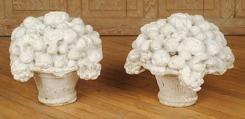 PAIR CAST STONE FLOWER BASKET