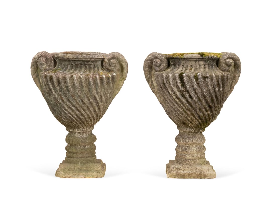 PAIR CAST STONE FRUIT BASKET GARDEN
