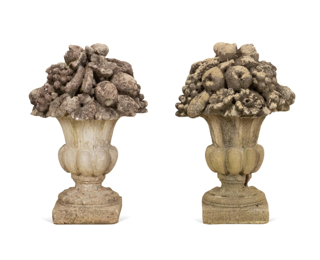 PAIR CAST STONE FRUIT URN GARDEN