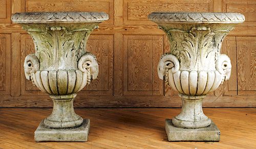 PAIR CAST STONE GARDEN URNS RAMS