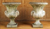 PAIR CAST STONE GARDEN URNS RA