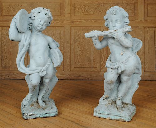 PAIR CAST STONE MUSICIAN PUTTO