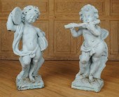 PAIR CAST STONE MUSICIAN PUTTO