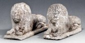 Pair cast stone recumbent lion