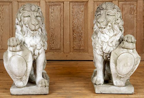 PAIR CAST STONE SEATED LIONS &