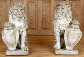 PAIR CAST STONE SEATED LIONS &