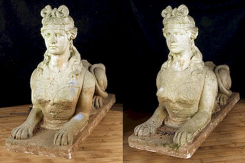 PAIR CAST STONE SPINX GARDEN