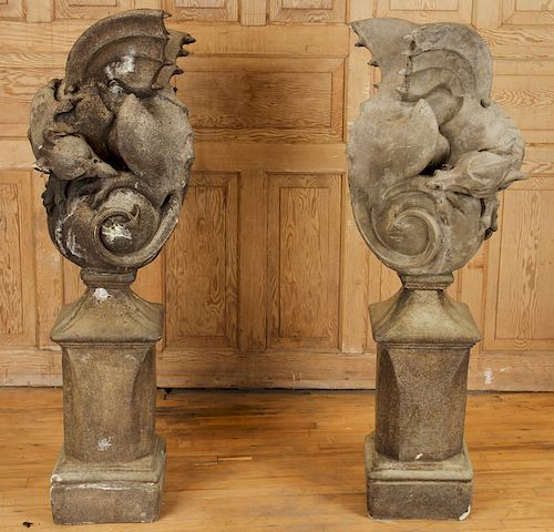 PAIR CAST STONE WINGED GARGOYLES