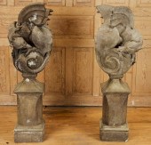 PAIR CAST STONE WINGED GARGOYL