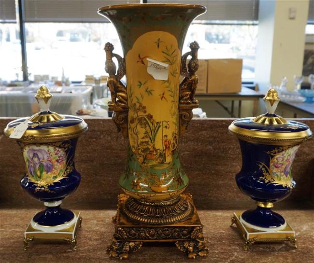 PAIR CERAMIC URNS AND A VASEPair