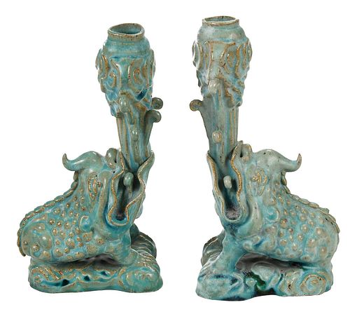 PAIR CHINESE BLUE GLAZED FIGURAL