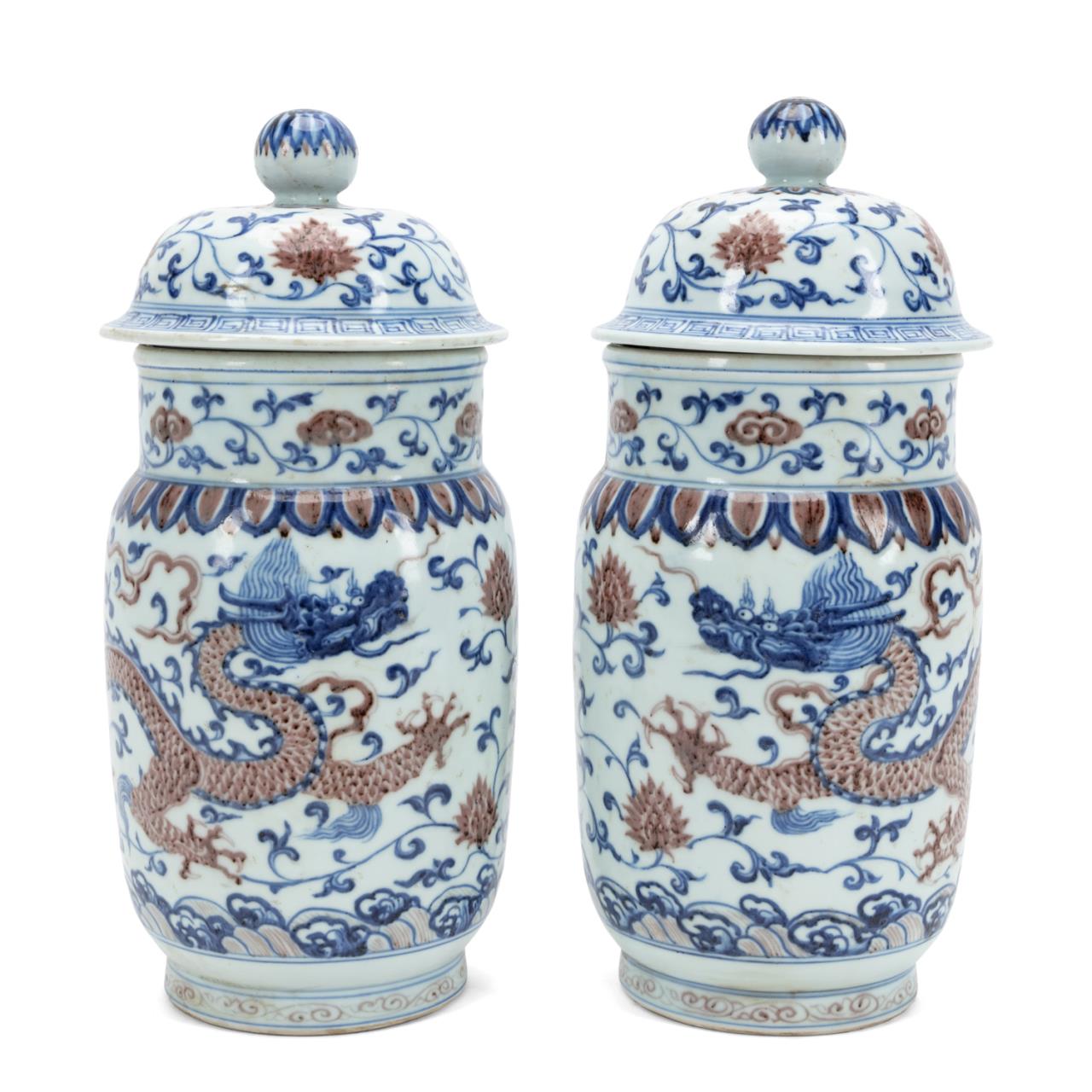 PAIR, CHINESE BLUE, WHITE, & IRON