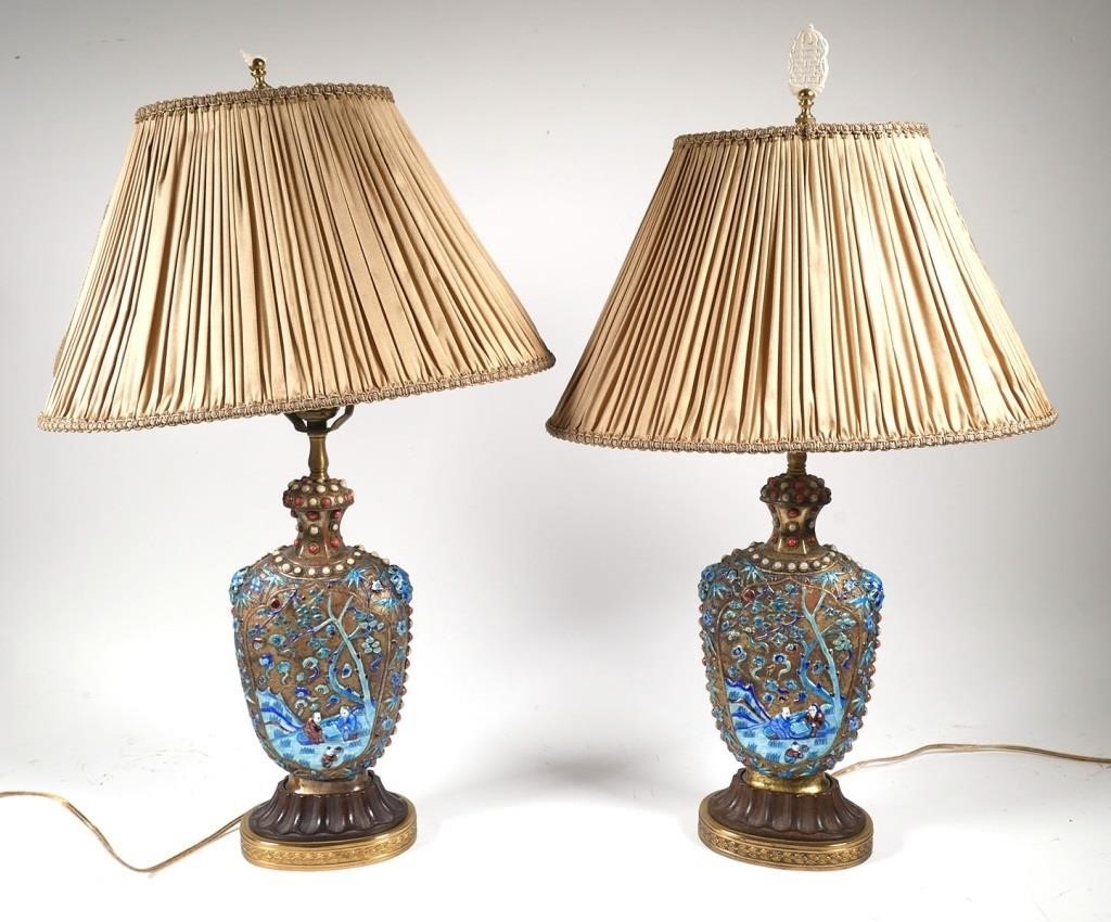 PAIR CHINESE BRASS AND ENAMEL