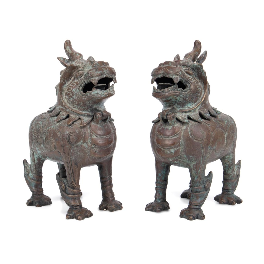 PAIR CHINESE BRONZE STANDING LUDUAN